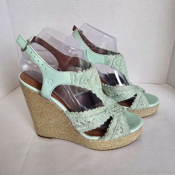 Lucky Brand Ridgeview Wedge Sandals Green Peep Toe Size 38 - Picture 2 of 11